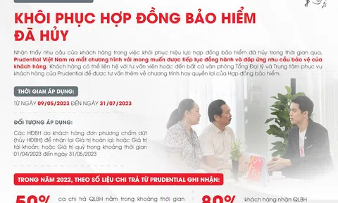 Prudential thông báo chương trình hỗ trợ khách hàng khôi phục hiệu lực hợp đồng bảo hiểm đã hủy